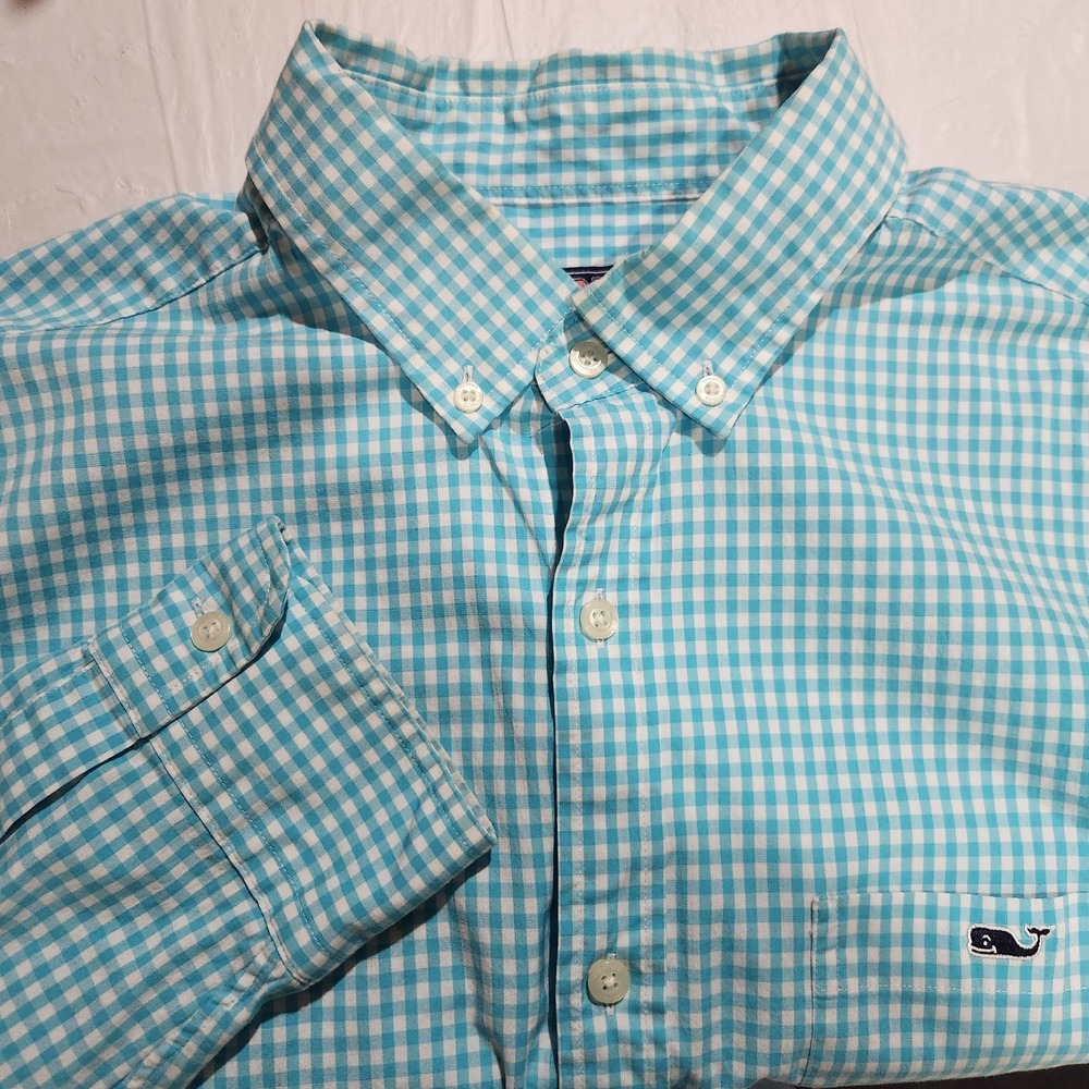 Vineyard Vine Mens Long Sleeve Button Up Size Large Blue Checked Slim Fit Tucker